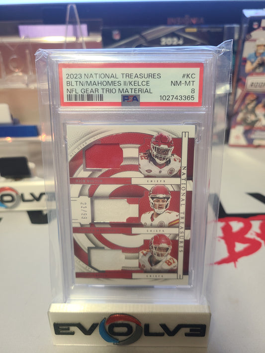 2023 national treasures mahomes trio patch /99 psa 8